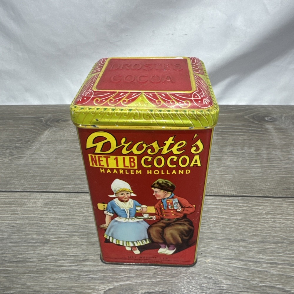 Vintage Droste's Cocoa Tin Made In Holland Haarlem 8 oz. 5" tall Dutch antique